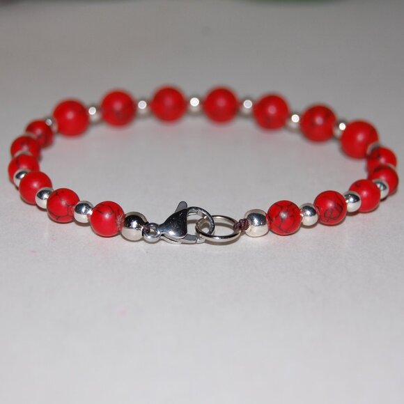 Red Howlite Bracelet,Clasp Closure Bracelet,Red Howlite Stone Bracelet - Picture 2 of 2